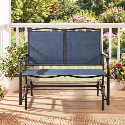 Image of Giantex Outdoor Glider Bench, Patio Glider Bench for Outside, Steel Frame, 400 Lbs Capacity, Ergonomic Swing Rocking Chair Loveseat, 2-Person Porch Swing Rocker for Backyard, Lawn, Balcony, Dark Blue