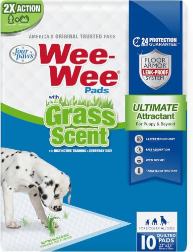 Image of Four Paws Wee-Wee Ultimate Attractant Grass Scented Pee Pads for Dogs & Puppies, Leak-Proof Dog Housebreaking Instinctive Potty Training Floor Protection, 22 inch x 23 inch, 10 Count (Pack of 12)