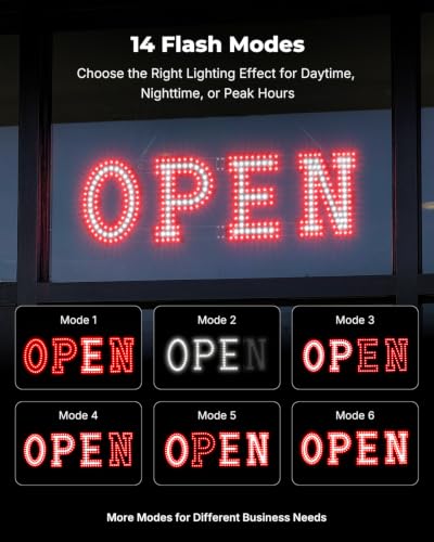 Image of 32 x 10 Inch LED Open Sign for Business - Timer via BT APP & Remote Control, Ultra Bright Open Sign with 14 Flash Modes, 6 Dimming Levels & 6 Speed Control for Salon Cafe Restaurant (Red & white)