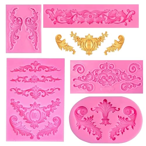GIUSOBG 5 Piezas de Silicona para Fondant, Barroco, Estilo Barroco, Vintage, para Fondant, Moldes de Silicona en Relieve, para Dulces, Tartas, Chocolates, Decoración de Postres