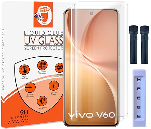 Image of STP FEEL Advanced UV Tempered Glass Screen Protector Guard Compatible For Vivo V60 5G (6.77 Inch, Pack of 2) Full Adhesive UV Curved Case Friendly HD Clarity with easy installation kit for Smartphone