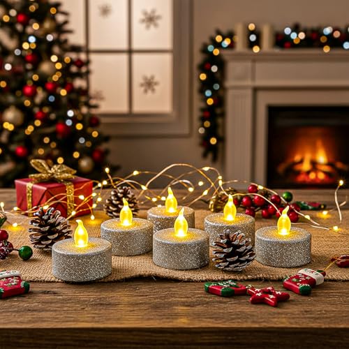 Image of 12Pcs Sliver Glitter Tea Light Candles Battery Operated with Timer | Led Flameless Tealight Vitive Candles, Warm White Flickering for Christmas Decor,Event,Anniversary Party,Wedding