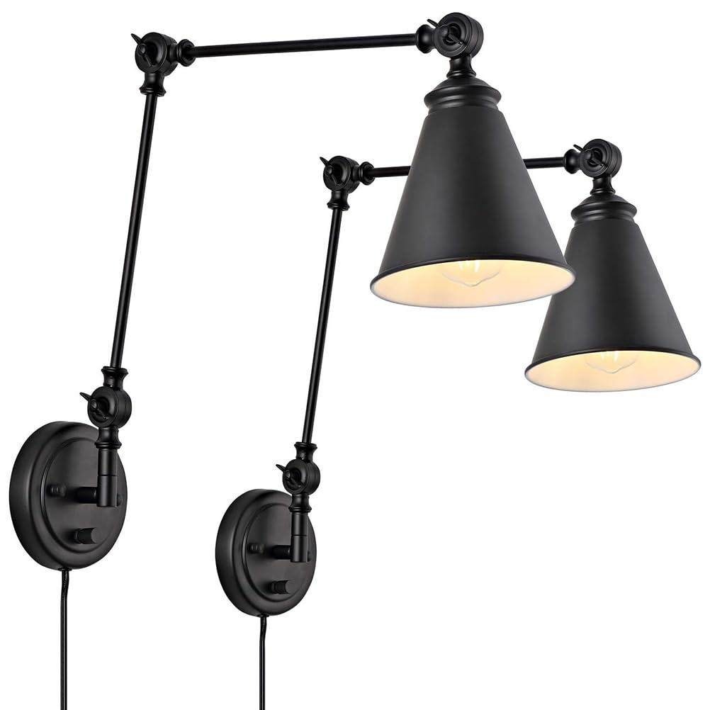 2 sztuki regulowanych kinkietów z długim ramieniem i przełącznikiem, ściemnialna lampa ścienna w stylu vintage, lampa do czytania E27 do użytku wewnątrz, z obrotowym ramieniem, z wtyczką i kablem 1,8