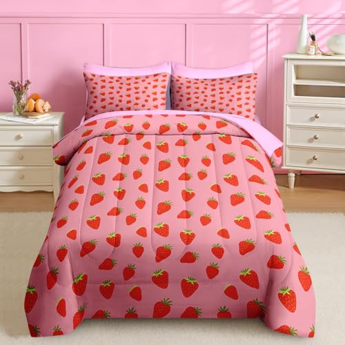 Nesker 5 Pcs Comforter Set Twin Size, Sweet Pink Fruit Bedding for Kids Teen, Cute Strawberry Bed Sheet with Pillowcase & Sham