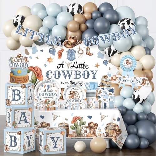 cocomigo Cowboy Baby Shower Decorations, All-in-1 Supplies Pack, Includes 20 Tableware, A Little Cowboy is on the Way Backdrop Tablecloth, Balloon Kit for Baby Boy Shower Decorations
