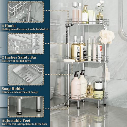 Image of Consumest Corner Shower Caddy Standing - 3-Tier Stainless Steel Shower Organizer with Soap Holder and 4 Hooks, Large Capacity Corner Shelf Stand for Bathroom, Rest Room, Silver