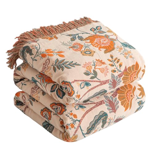 Boho Throw Blanket for Bed 60x80 100% Cotton Woven Blanket for Couch Sofa Ultra Soft 4-Layer Muslin Quilt with Floral Printed Farmhouse Bed Blanket/Cover for Living Room Decor