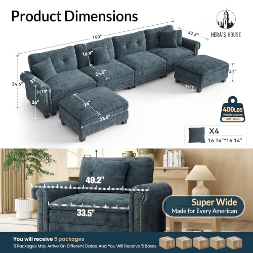 Image of HERA'S HOUSE 150 inch Oversized U Shaped Modular Sectional Couch Living Room | Mid-Century Modern 6-Seater Cloud Sofa, Cyan, Rolled Arms & Nailhead Trim, Wider & Deeper Seats, Ottoman, Chenille