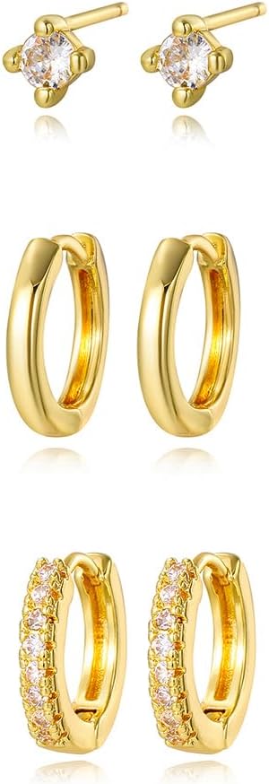 3 Pairs Huggie Hoop Earring Set 18K Gold Plated Cubic Zirconia Cartilage Earrings, Multi Piercings Ear Jacket Earring Climber Stud Earring for Women Everyday Earrings