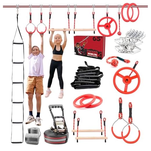 Fofana Ninja Warrior Obstacle Course for Kids - 65' Longest Ninja Slackline | 9 Awesome Obstacles | Play Outside + Have Fun + Get Stronger | Ninja Monkey Bars Line