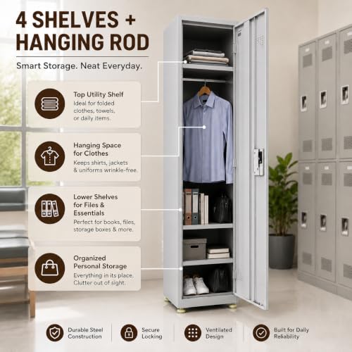 Image of Amazon Brand - Solimo Single Door Steel Locker Cabinet with 4 Shelves & Hanging Rod | Lockable Metal Storage Cupboard for Home, Office, Gym, School & Factory | Powder Coated, Grey