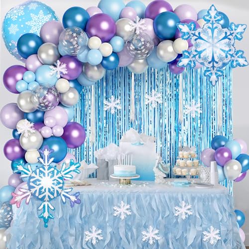 Image of Ouddy Life 167Pcs Frozenn Balloons Arch Kit, Winter Wonderland Party Decor | Fringe Curtain Pearlescent Metallic Blue Purple Silver White Snowflake Balloon for Princess Girl Decorations Supplies