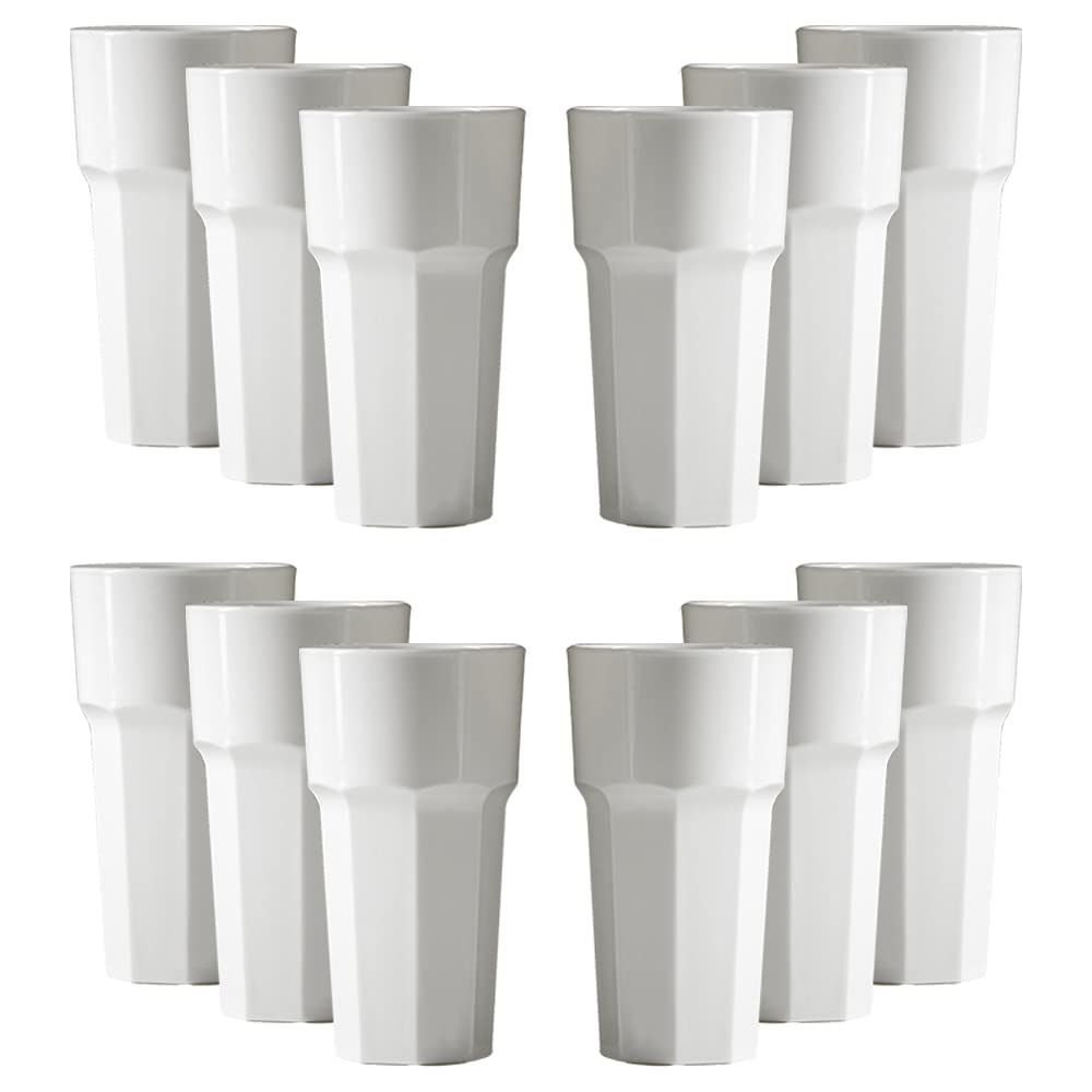 Virtually Glass Set of Unbreakable Reusable Polycarbonate Plastic White Octagon Shaped 12 OZ Tumblers. (340ml/ 12oz to Rim Height 14.4cm, Max Diameter 7.9cm) Realistic Alternative to Real (12)