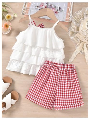 MakeMeChic Toddler Baby girls 2 Piece Plaid Bow Cute Outfit Eyelet Embroidery Ruffle Tiered Cami Top and Shorts Set2