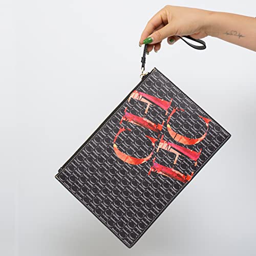 محفظة يد صغيرة من الجلد للنساء من سي اتش سي اتش بتصميم ناعم مع حزام وسحاب ذهبي (اسود)