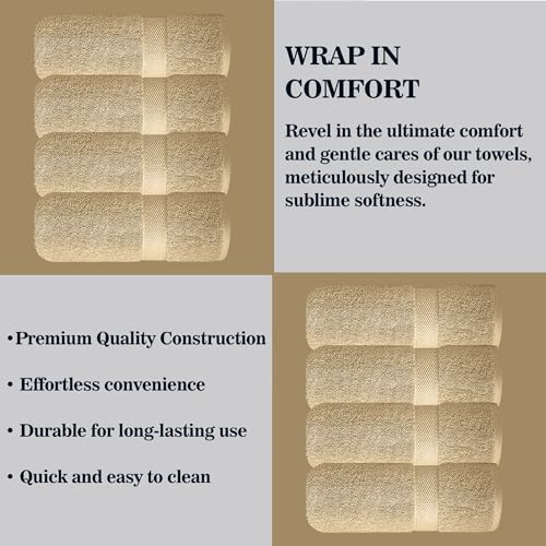 Image of Sulfar 100% Combed Cotton, Quick Drying Highly Absorbent Thick Bathroom Towels, Luxury Bath Towel Set (Pack of 4, 70 X 140 cm) - 600 GSM (Bleach Sand)