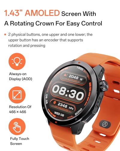 Image of AOLON GPS Smart Watch for Men, 1.43'' AMOLED Smartwatch with Compass /Barometer /Altimeter, Heart Rate /Sleep Monitor, 30M Waterproof, 60+ Sports Fitness Tracker for Android /iOS, Black & Orange (2 Bands)