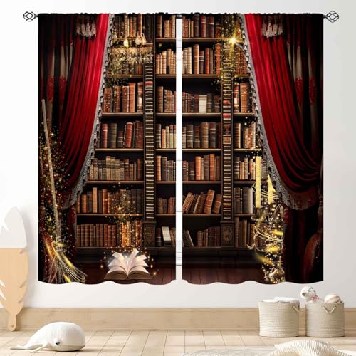 TKUYO Vintage Bookshelf Curtains, Fantasy Magic Retro Library Old Antique Bookcase Gothic Witchy...