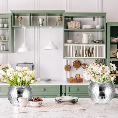 Image of 6 Pcs Disco Ball Planter Disco Ball Vase Centerpieces | Mirror Glass Flower Vase Decor for Wedding Birthday Party Bedroom Kitchen Office, 5.5 x 7 Inch, Silver