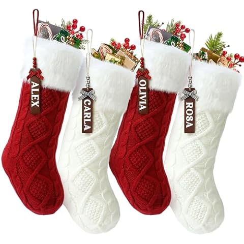 LASPERAL Personalized Christmas Stocking, 18" Large Knit Custom Name Family Christmas Stockings, Customized Knitted Fireplace Hanging Stocking Christmas Holiday Party Decoration (Cream, Red) Cover