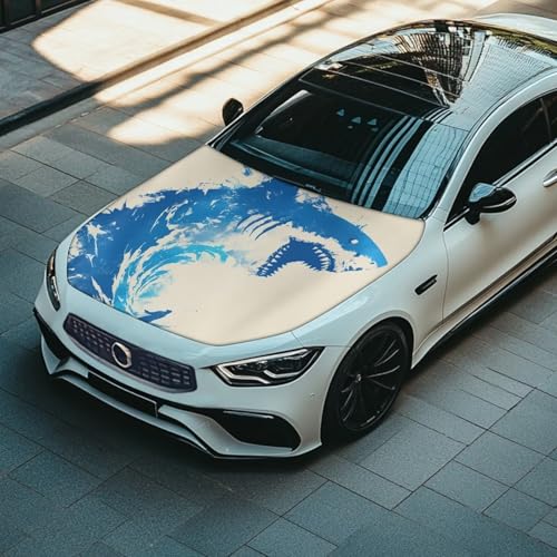 Image of Wild Shark Great Wave Car Hood Cover Protector Vehicles Sedans Trucks SUVs, Blue Shark Aesthetic Art Stretchable Auto Accessories, Ocean Surfing Lover Car Bonnet Banner