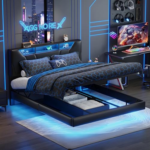 QLTXYHML Lit 140x200 avec Sommier, Lit Coffre avec éclairage LED et Ports USB/Type-C, Tête de lit avec étagère, Design Flottant avec Rangement Hydraulique (Noir,...