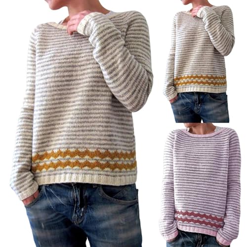 Fairisle - Suéter vintage de Navidad para mujer, de gran tamaño, nórdico, islandés, noruego, tejido, cálido, térmico, a rayas, a la moda, de manga larga, rosa, 5XL