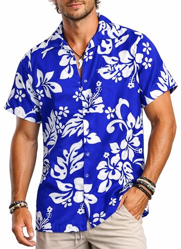 KING KAMEHA Hawaiian Shirt for Men – Mens Hawaiian Shirt with Hibiscus Print, Beach Shirts for Men - Mens Tropical Shirts, Lightweight & Easy Care - Hibiscus, Indigo Blue, Large