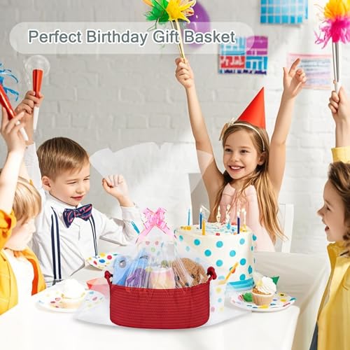 Image of COMSE Small Gift Basket Empty with Bag & Ribbons, Solid Red