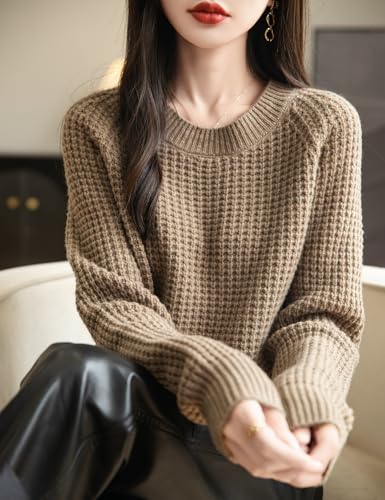 Women's Crewneck 100% Merino Wool Sweater 2025 Fall Winter Waffle Knit Sweater Casual Warm Long Sleeve Pullover2