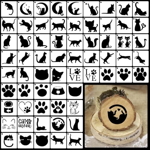 65 Pièces Pochoirs de Peinture Petit Chat,7,6x7,6cm Réutilisables Templates Pochoir Animal Mignon pour Bricolage,Scrapbooking,Tissus, Bois et Projets DIY