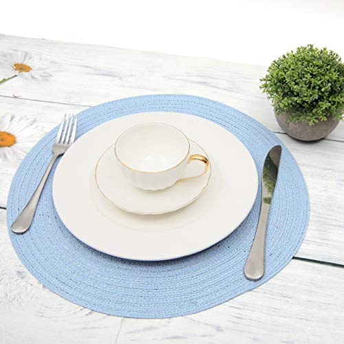 Image of SHACOS Round Braided Placemats Set of 4 Washable 15 inch Round Non Slip Table Place Mats for Dining Tables (Light Blue, 4)
