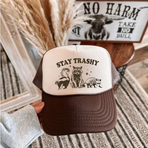Image of Stay Trashy Funny Raccoon Graphic Classic 5 Panel Mesh Snap Back Trucker Hat