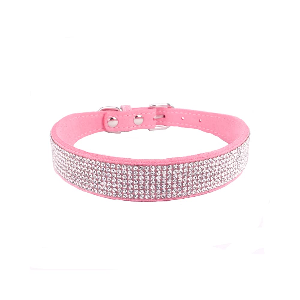 Cute Dazzling Sparkling Dog Collar Soft Suede Leather Crystal Diamond Puppy Cat Collar(Pink,M)