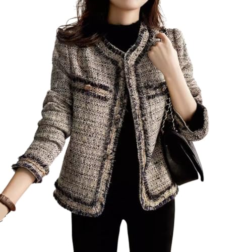 chouyatou Women's Fall Elegant Business Casual Tweed Blazer Work Jacket Tassel Raw Hem Open Front Suit Top