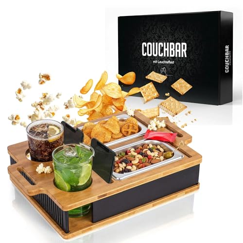 AH® Couchbar Snackbox mit Leuchteffekt – Bambus Sofa Tablett mit 2 Edelstahl-Schalen, Handy- & Getränkehalter – Couch Organizer & Geschenk für Männer & Frauen