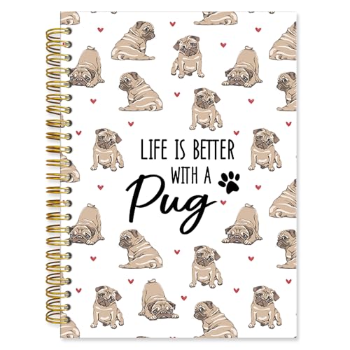 Fewgb Pug Lovers Gifts Spiral Notebook, Life Is Better with a Pug Hardcover Lined Notebooks Daily Journal for Office Work School Composition, Dog Lovers Note Taking Notebook A5 5.5x8.3