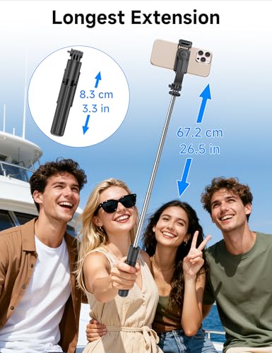 Image of Mini Selfie Stick Travel Tripod for Cell Phone with Light, Extendable Selfie Stick for iPhone with Detachable Remote, iPhone Tripod for Video Recording, Photograph, Compatible with Cellphones