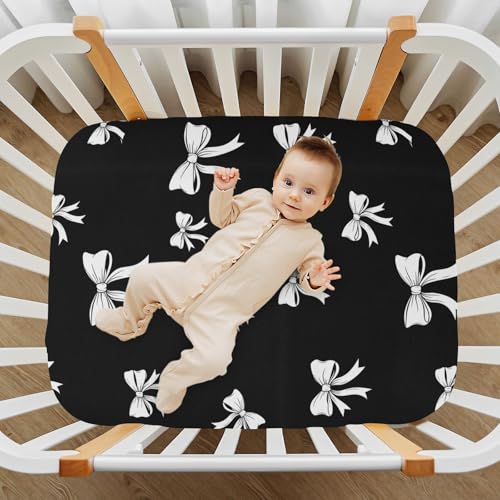 Image of Bow Black Fitted Crib Sheet for Boys Girls Baby Bed Sheets for Pack N Play Mattresses,52 X 28 in