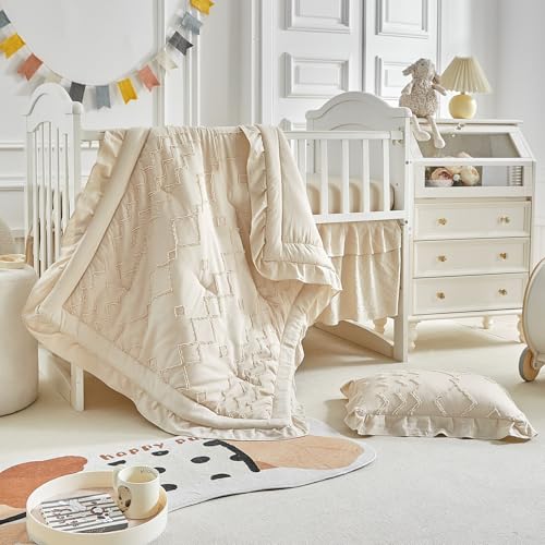 Image of AIKASY The Ruffled Shabby Crib Bedding Set for Girls, Baby Quilted Comforter with Fitted Sheet, Bed Skirt, and Pillowcase.