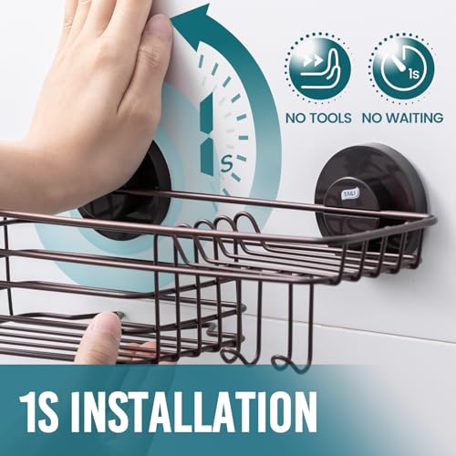 Image of TAILI Shower Caddy Suction Cup with Hooks & Soap Holder, Brown Shower Shelf