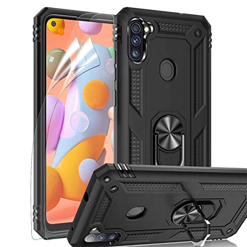 RioGree Phone Case for Samsung Galaxy A11 with 2 PCS Screen Protector Kickstand Cover Magnetic for Car Mount Military Rugged Hybrid Armor Anti-Scratch Heavy Duty Shockproof 360°Rotating Ring (Black)