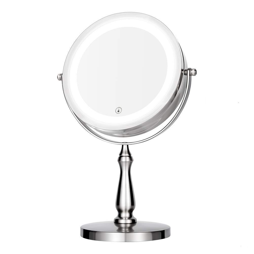 THE D&B CRAFTS LLC,lighted LED makeup mirror,Touch switch makeup mirror compact design,swivel magnifying mirror 1x 5x 360°,electroplated sand nickel (Silver（Touch switch）)