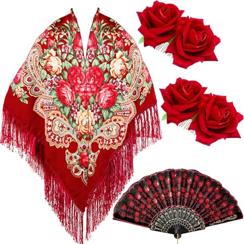 Jiuguva 4 Pcs Traditional Mexican Flamenco Dress for Women Tassel Mexican Scarf Shawl Halloween Day of the Dead Costumes