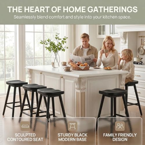 Image of HNY Backless Black Bar Stools Set of 3, Modern Counter Height Barstools 24 Inch Rustic Farmhouse Bar Height Saddle Stools with Ergonomic Seat, Wooden Stools for Kitchen Counter Island
