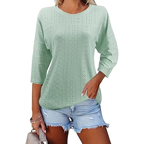 Dailiup Women's 3/4 Sleeve T-Shirts Casual Crewneck Summer Tunic Tops Loose Fit Solid Basic Blouses Mint Green Cover