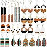 Huquary 16 Pairs Wooden Earrings Boho Dangle Wooden Earrings Rectangle Triangle Flat Round Hollow Vintage Wooden Earring (Classic Style)