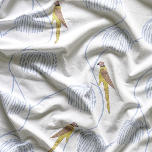 Image of Tranquebar Curtain Co. Window Curtains 5 Feet, 60-65% Room Darkening,Yellow-Blue Bird Print, Cotton Curtains for Window,Cotton Curtains 5 Feet Long Set of 2,BackTab Loops,Mithu (152 cm)- Set of 2