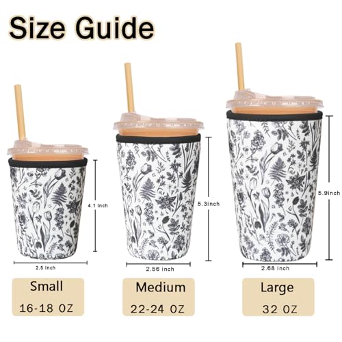 Image of Reusable Insulated Sleeve for Iced Coffee Cup, 3-Pack Coffee Neoprene Drink Sleeve for Cold & Hot Drinks, Beverage Holder for Iced Coffee (Black Fern Florals)