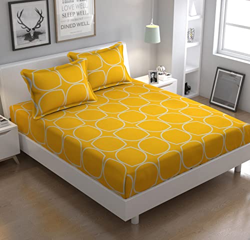 Image of Fitzy 280 TC Fitted bedsheet King Size, Elastic bedsheet, 72x78 inches + 10 inches Drop, with 2 Pillow Covers (Fitzy-FB-YellowChecks, 72 inch x 78 inch)